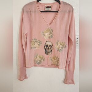 Cake Couture Roses and Skull Graphic V-neck Sweater 100% Cashmere